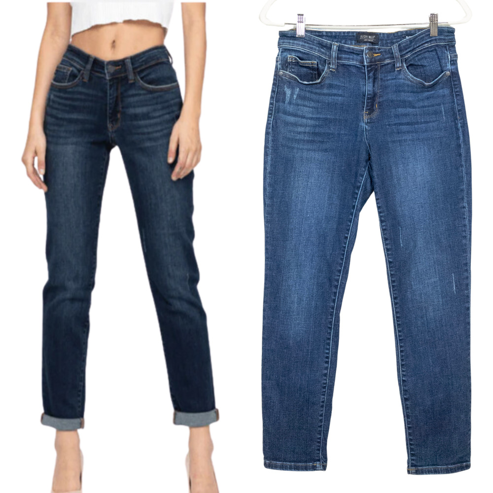 JUDY BLUE Dark Wash Slim Fit Tapered Leg Mid-Rise Jeans Cuffed Stretch Womens 29